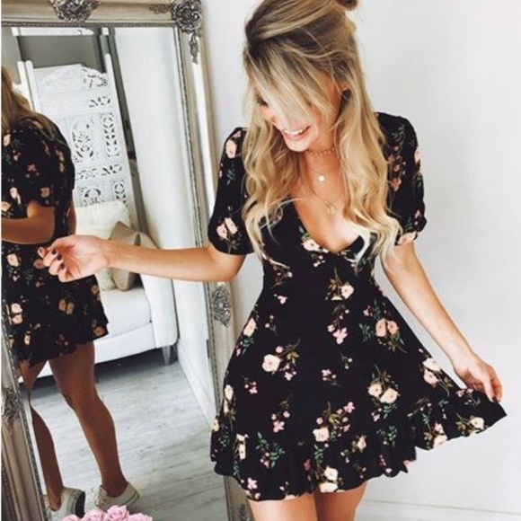 Dresses & Skirts - Women black Boho floral spring summer mini dress